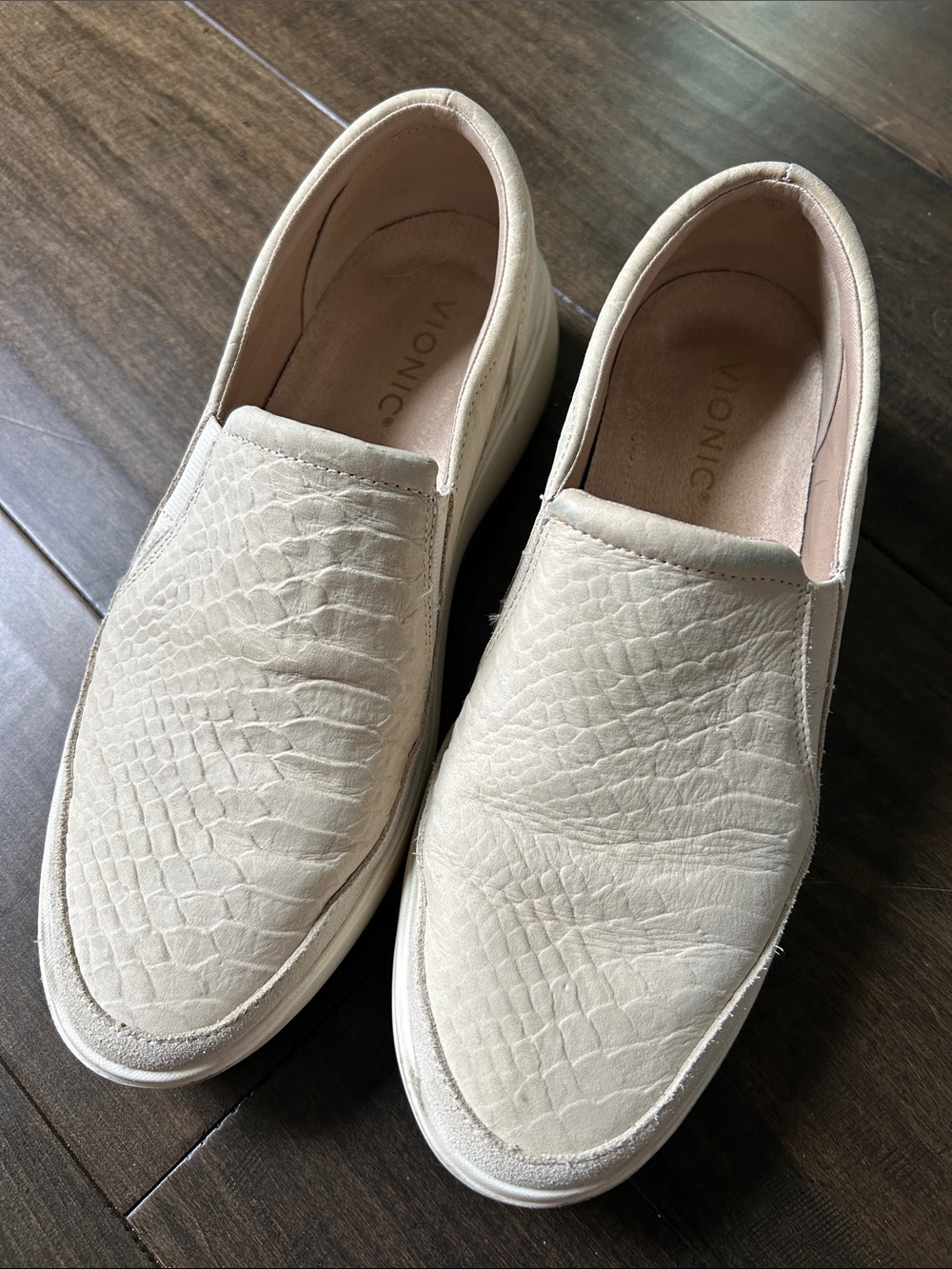 Vionic Women's Slip-On Loafers in Light Beige Croc-Texture